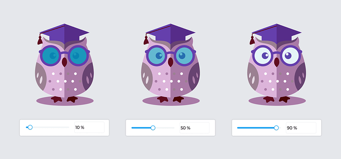 An illustration of a character with transparency applied to the sunglasses. Left to right: Transparency slider set to 10%, 50%, and 90%