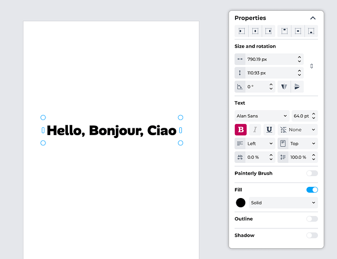 The <b>Properties</b> panel with a text object selected.