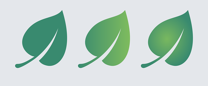 Left to right: Objects with solid, linear gradient, and radial gradient fills applied