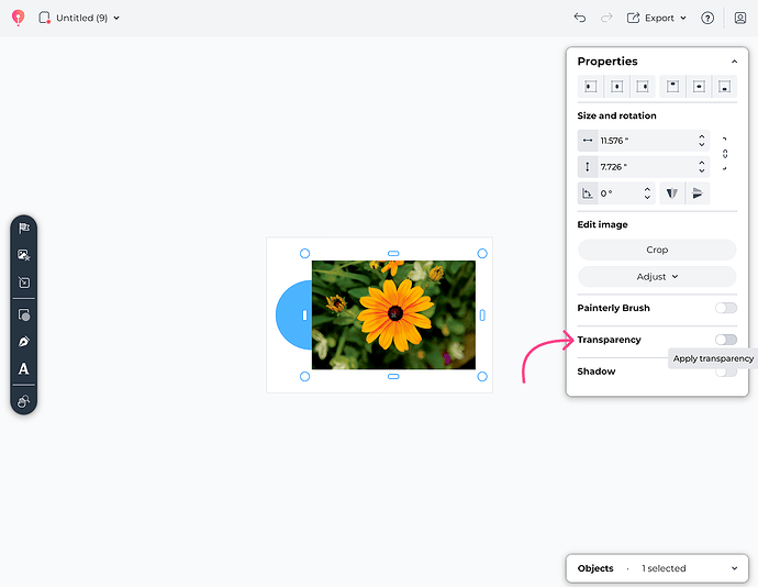 Select the photo or image you want to edit. In the properties panel, Select the "Apply transparency" toggle.