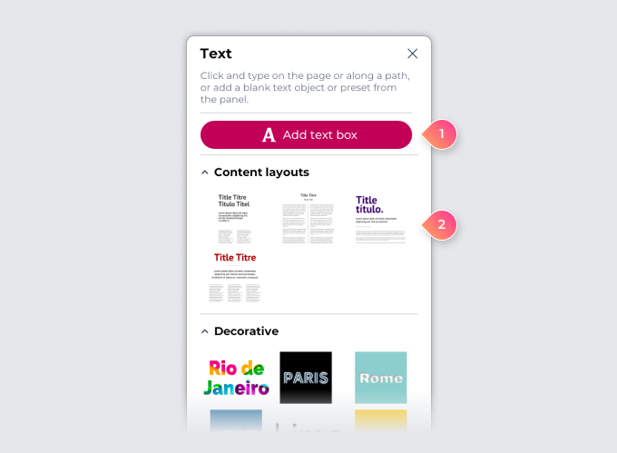 The <b>Text</b> panel, showing options to (1) add a text box or (2) text presets — such as logos, badges, stickers, content layouts, and more.